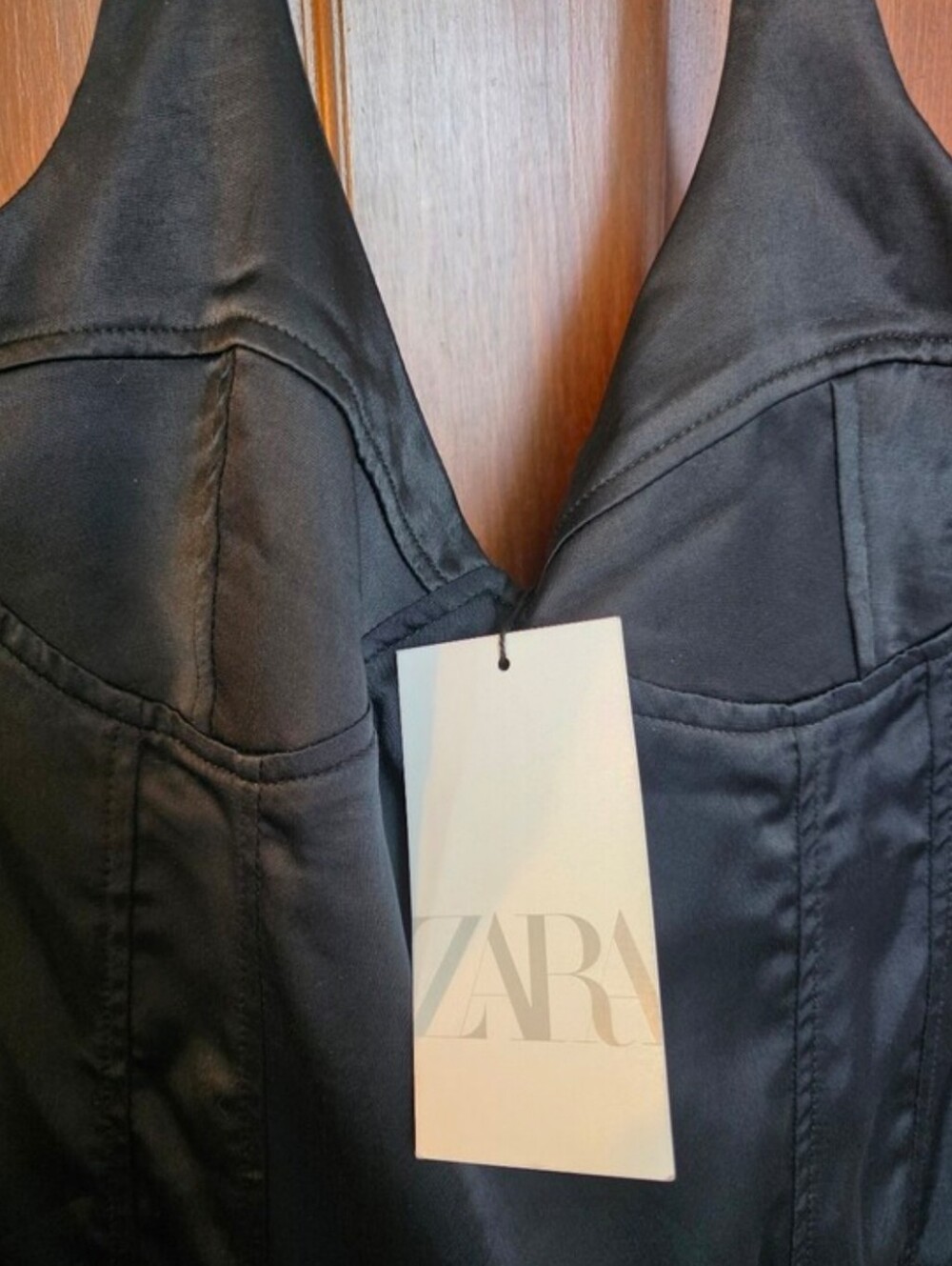 🎄Zara Black Satin-like Structured Bustier Halter Mini Cocktail Dress Sz Large